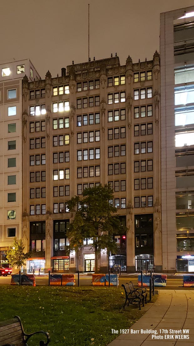 Click to enlarge - The Barr Building at night in Autumn at Farragut Park The Barr Building at night in Autumn at Farragut Park
