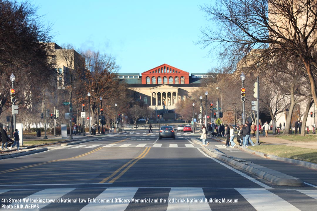 Click to enlarge - on 4th street NW looking toward the National Law Enforcement Officers Memorial and the National Building Museum in red brick seen behind On 4th street NW looking toward the National Law Enforcement Officers Memorial and the National Building Museum in red brick
