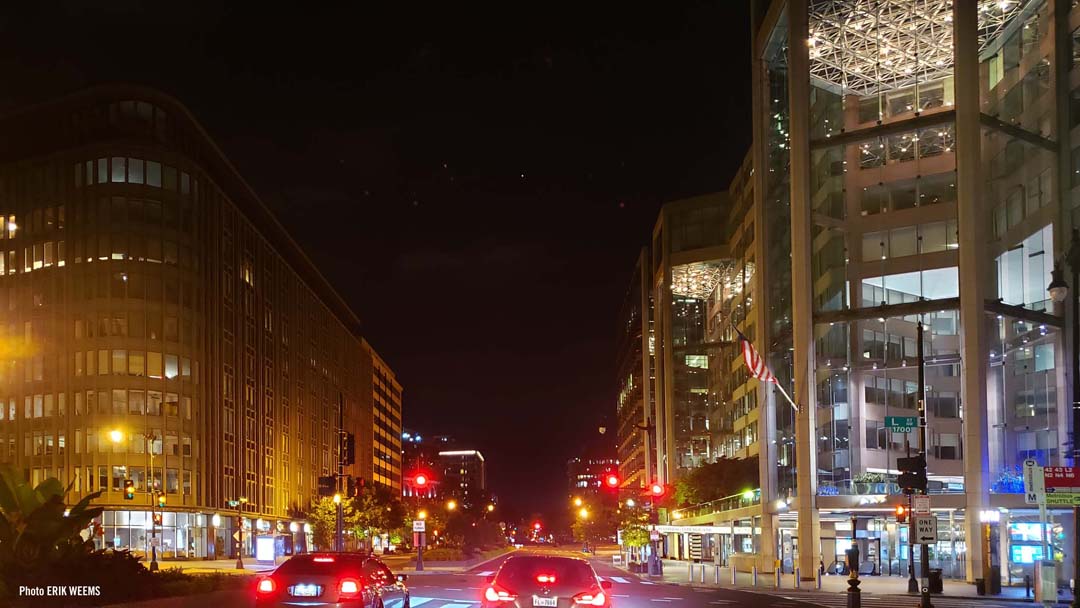 Driving in the dark down Connecticut Ave toward Farragut Park