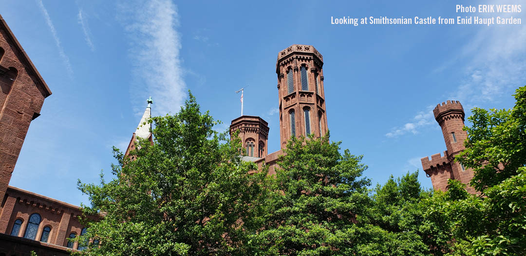 Looking up at the Smithsonian Castle from inside the Enid Haupt Garden Looking up at the Smithsonian Castle from inside the Enid Haupt Garden