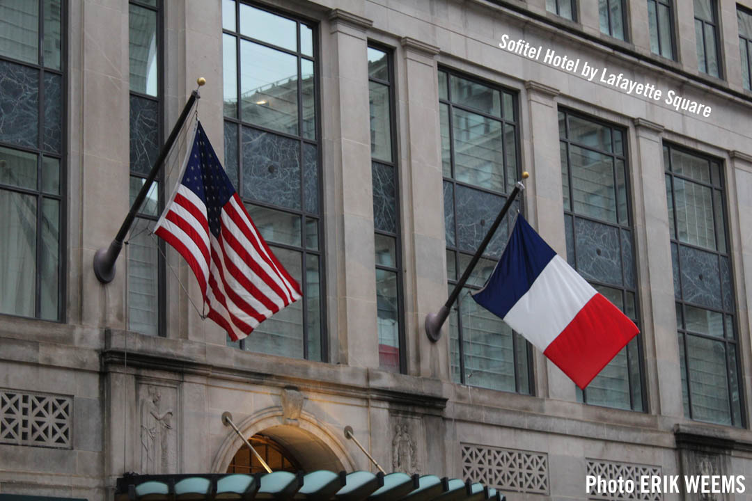 Sofitel Hotel in Washington DC near Lafayette Square with flag of France and USA Sofitel Hotel in Washington DC near Lafayette Square with flag of France and USA