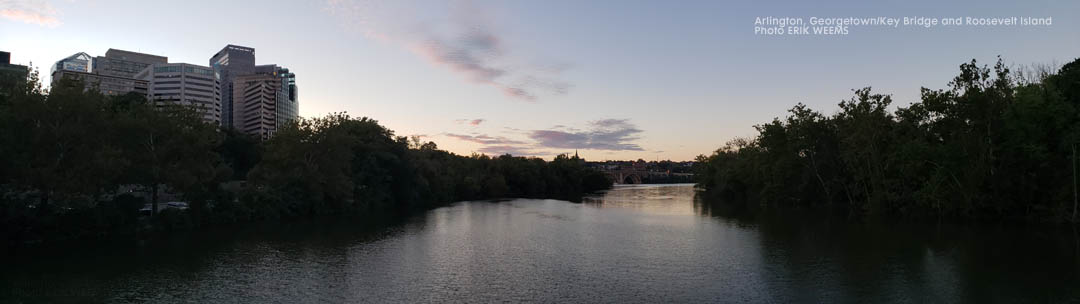 Arlington by the Potomac River with key Bridge and Goergetown, plus Roosevelt Island on the side